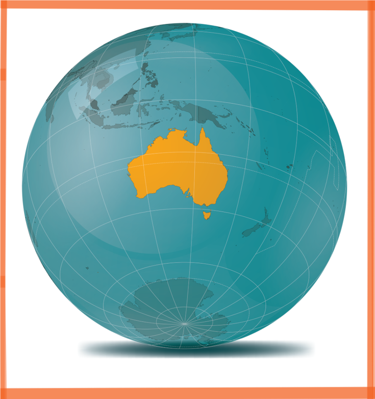 blue globe with Australia in orange plus longitude and latitude lines