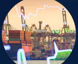 graphs and container ships at port