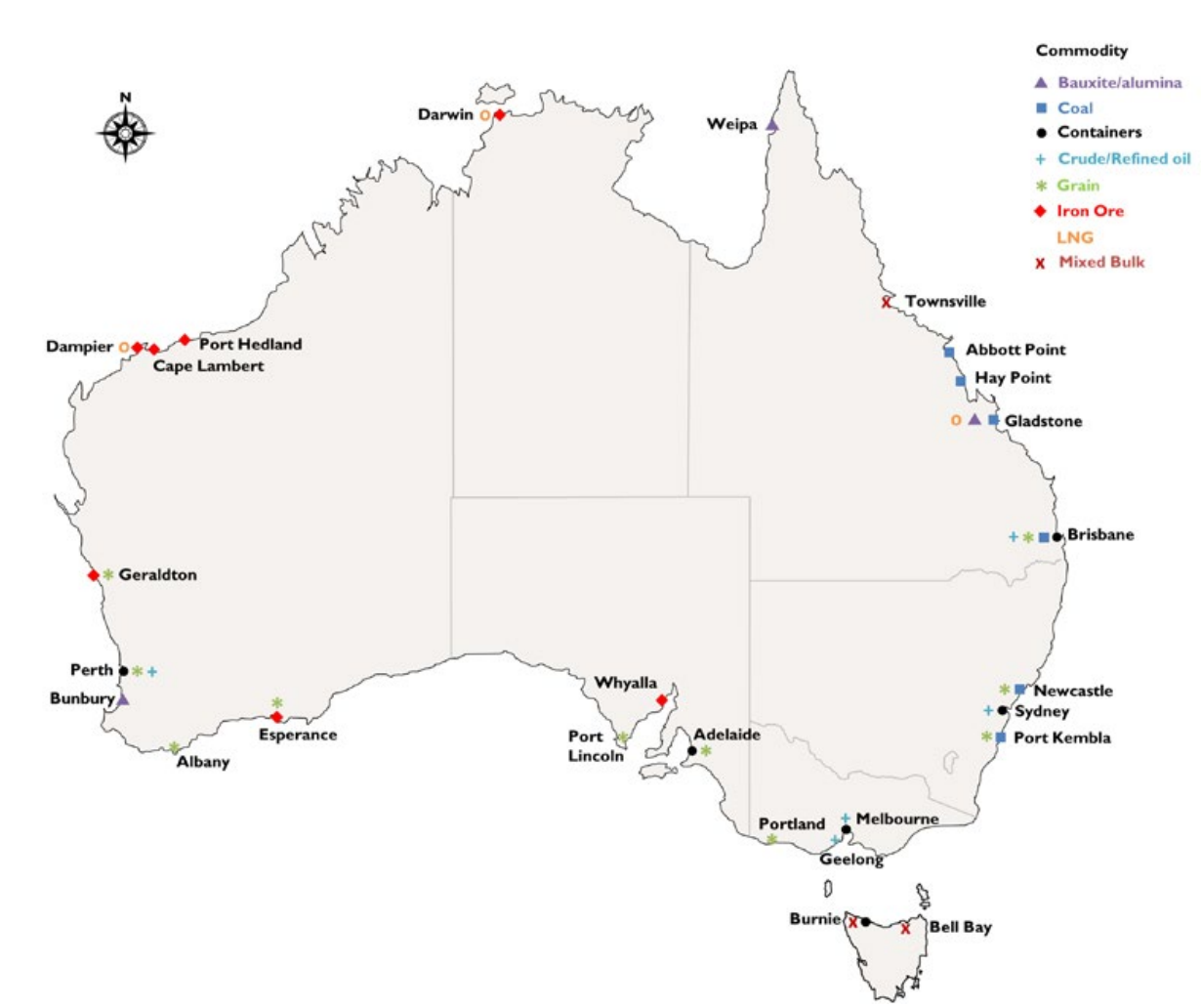 Figure 1 Principal Australian ports, by commodity