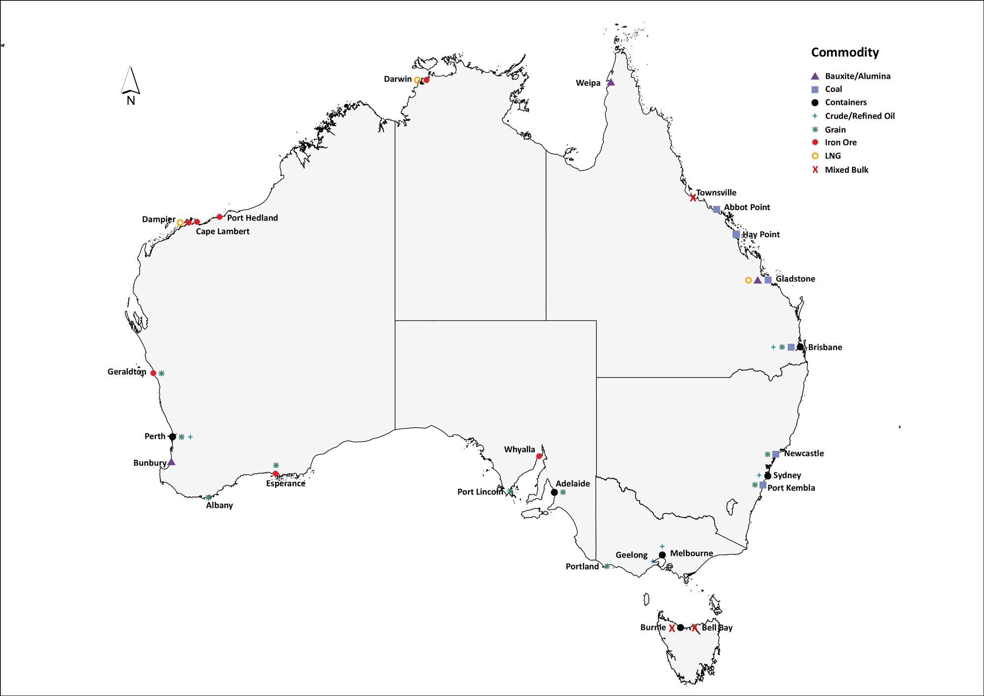 Figure 14 Principal Australian ports, by commodity
