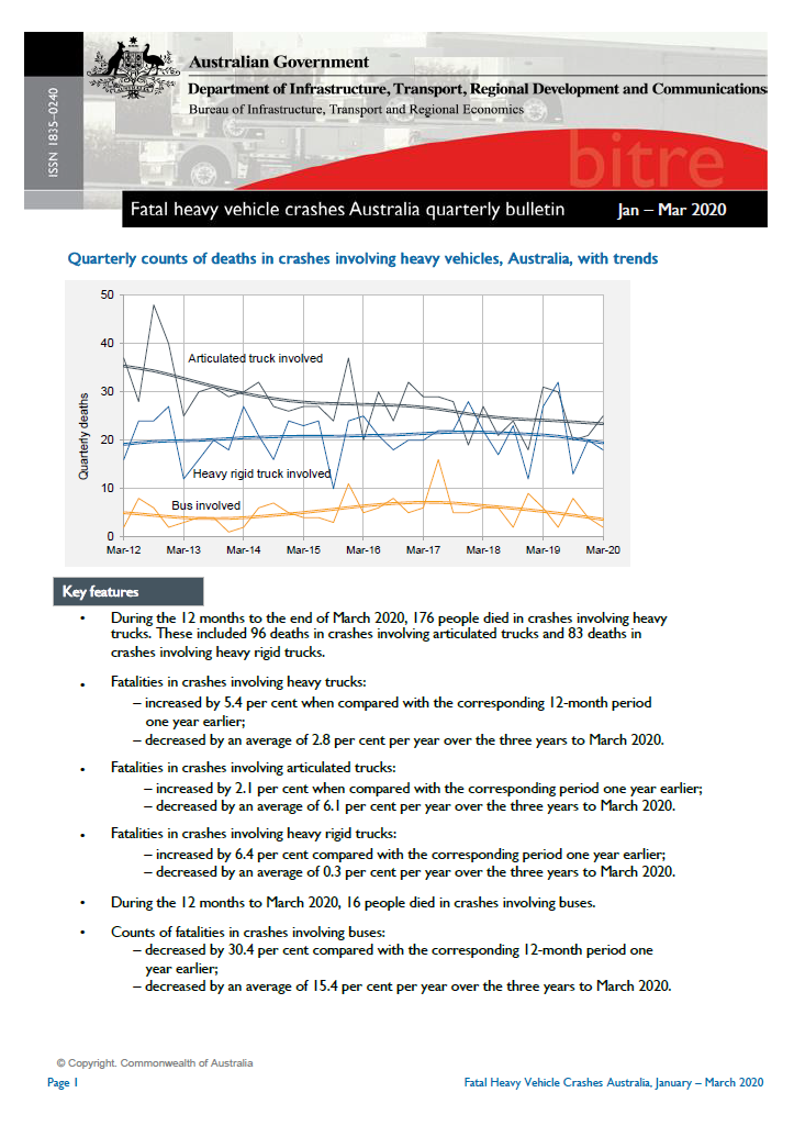 cover image of the March 2020 Fatal Heavy Vehicle Crashes Australia Quarterly Bulletin