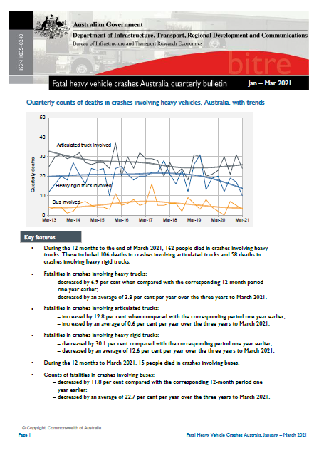 cover image of the March 2021 Fatal Heavy Vehicle Crashes Australia Quarterly Bulletin