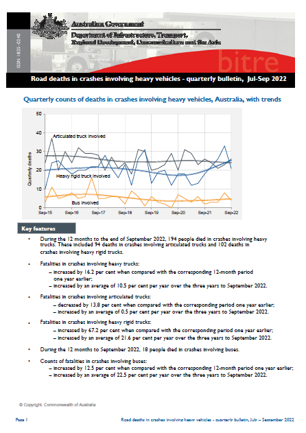 Road Deaths In Crashes Involving Heavy Vehicles Quarterly bulletin Jul - Sep 2022