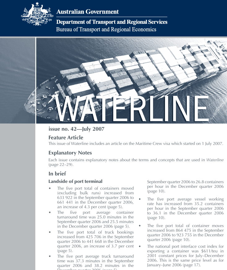 black and white image of cargo ship on cover of Waterline 42 report