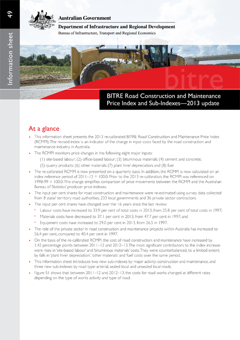 BITRE Road Construction and Maintenance Price Index and Sub-Indexes 2013 update