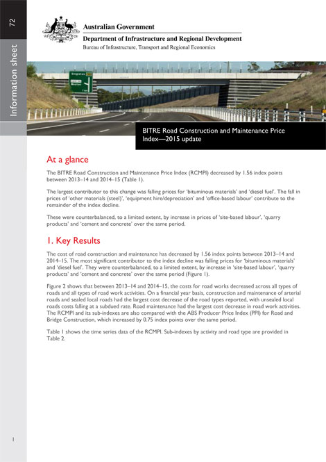 Cover image of BITRE road construction and maintenance price index—2015 update report